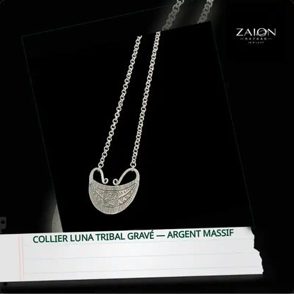 Collier Luna Tribal Grav&eacute; &mdash; Argent Massif by@Outfy